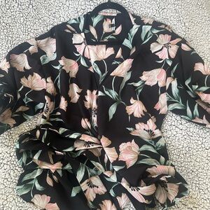 Pink Clover Black Dress with Pink Tulip & Green Leaf Print